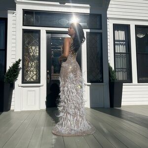 Elegant Silver and White Feather Gown